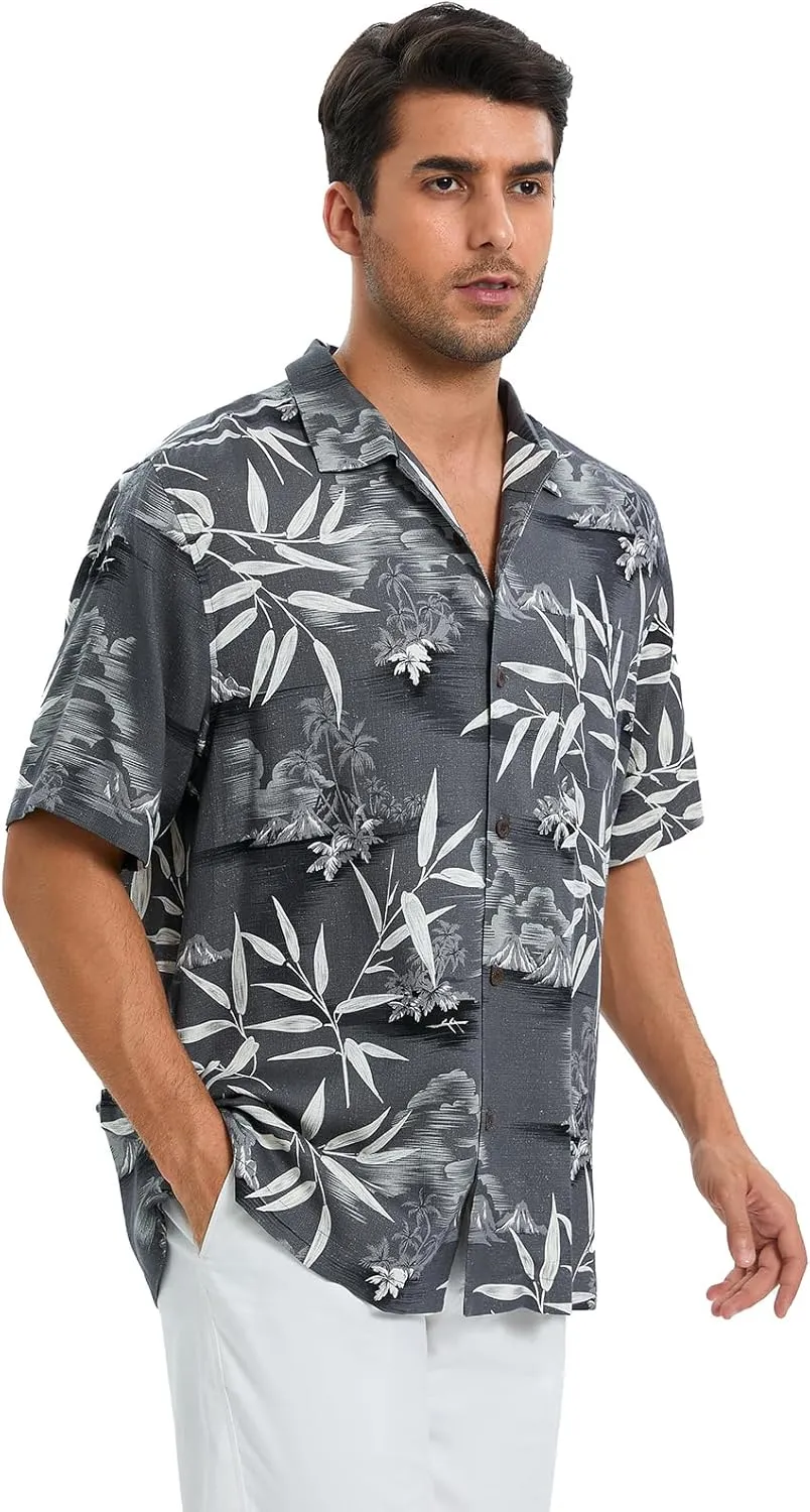 Men's Hawaiian Shirts Silk and Cotton Blend Button Down Short Sleeve Tropical Print Camp Shirts