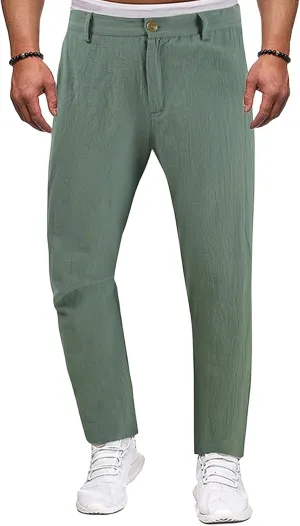 Men's Lightweight Casual Pants Button Stretch Pleated Slacks Golf Chino Pants Summer Beach Vacation Vintage Trousers