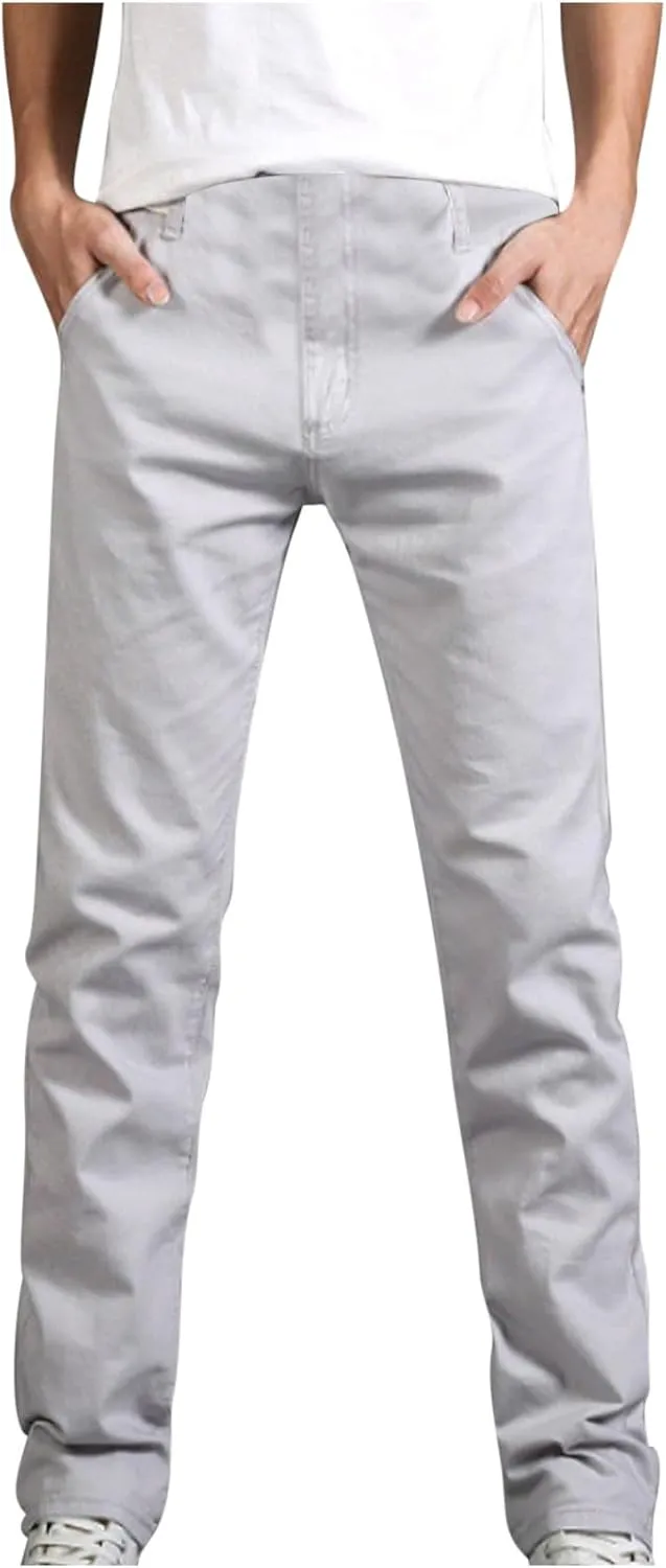 Mens Slim Fit Chino Pants, Casual Work Dress Pants, Basic Stretch Slacks Straight Fit Elastic Jeans Lounge Trousers