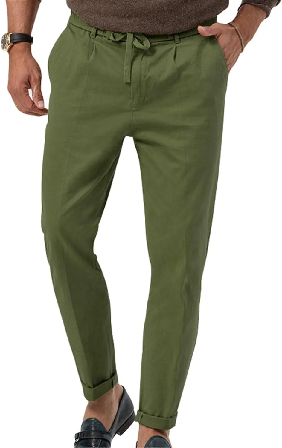 Mens Tapered Pants Casual Linen Pants Elastic Waist Slim Fit Beach Yoga Business Lightweight Cotton Trousers with Pockets
