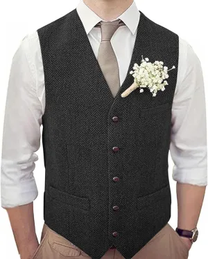 Men's V-Neck Suit Vests Slim Fit Casual Business Formal Herringbone Tweed Wool Waistcoat Wedding Groomsmen Suit Vest