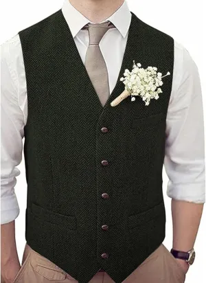 Men's V-Neck Suit Vests Slim Fit Casual Business Formal Herringbone Tweed Wool Waistcoat Wedding Groomsmen Suit Vest