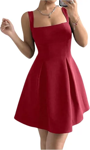 Milumia Women Square Neck Halter Dress Sleeveless Flared A Line Mini Dresses