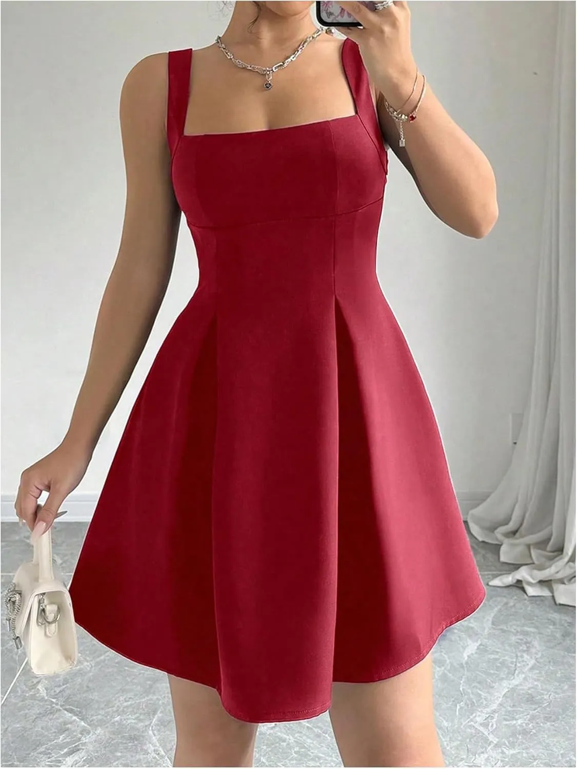 Milumia Women Square Neck Halter Dress Sleeveless Flared A Line Mini Dresses