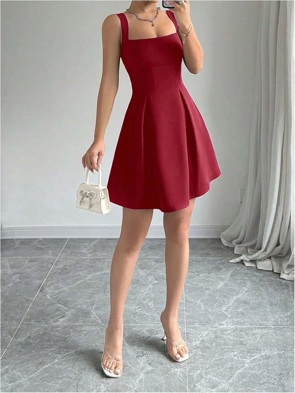 Milumia Women Square Neck Halter Dress Sleeveless Flared A Line Mini Dresses