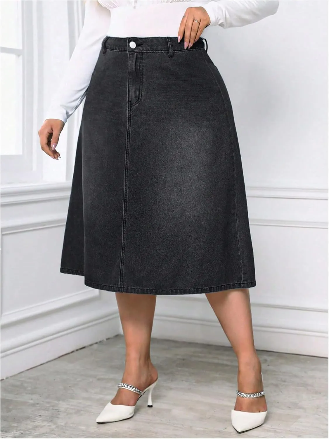 Milumia Women's Plus Size Jean Midi Skirt High Waisted A Line Denim Skirts Casual