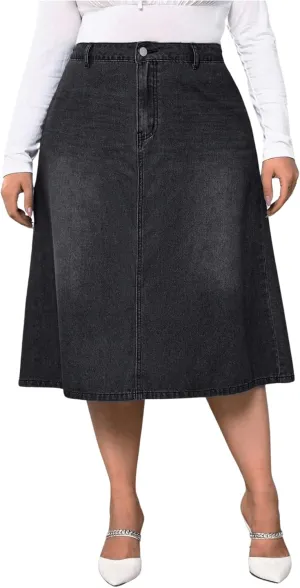 Milumia Women's Plus Size Jean Midi Skirt High Waisted A Line Denim Skirts Casual
