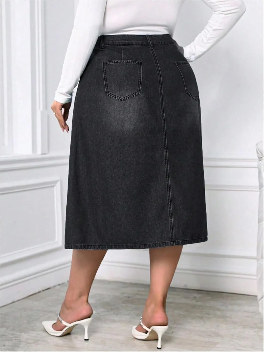 Milumia Women's Plus Size Jean Midi Skirt High Waisted A Line Denim Skirts Casual