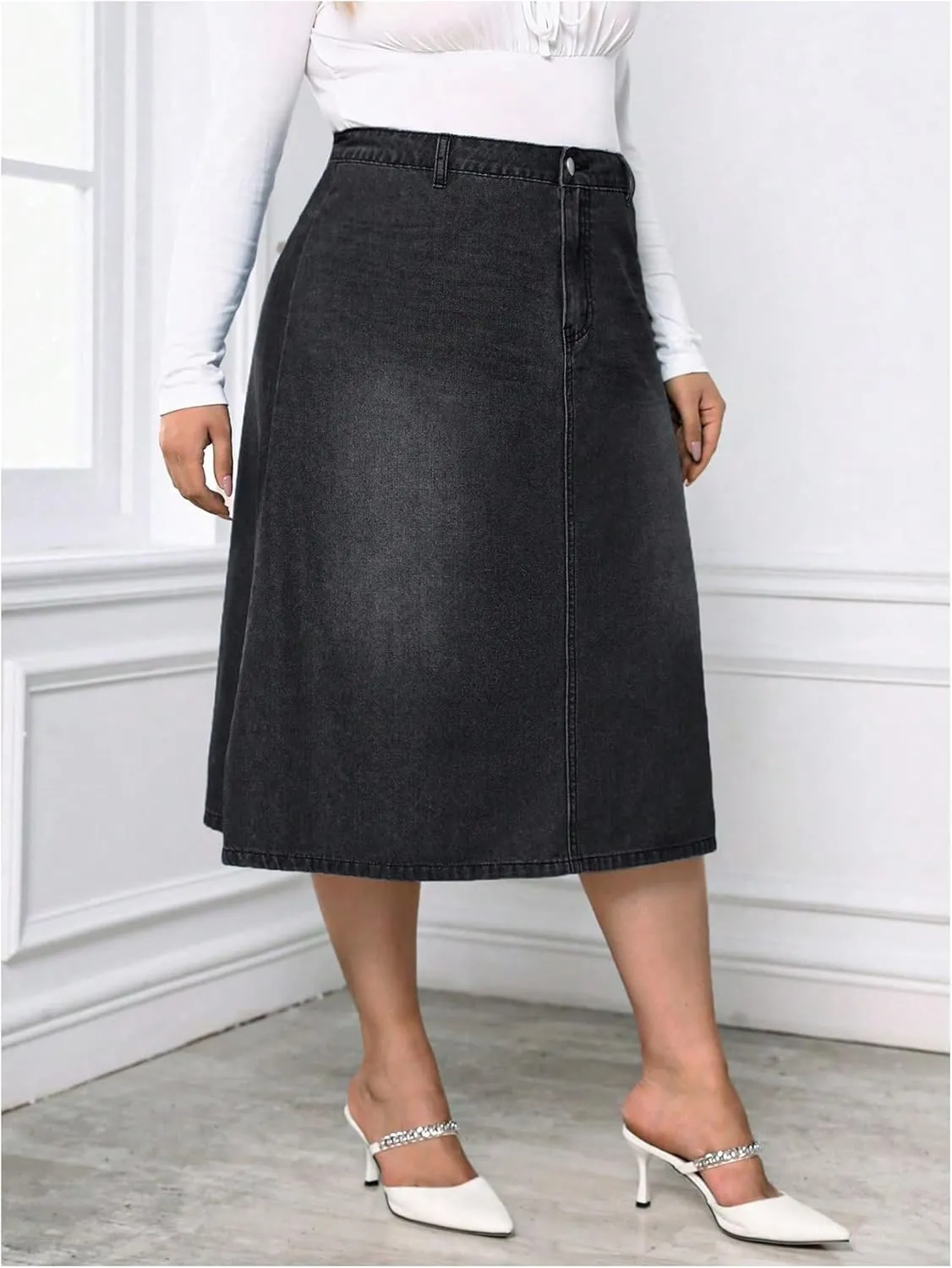 Milumia Women's Plus Size Jean Midi Skirt High Waisted A Line Denim Skirts Casual
