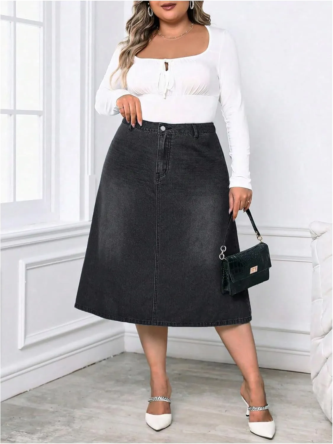 Milumia Women's Plus Size Jean Midi Skirt High Waisted A Line Denim Skirts Casual