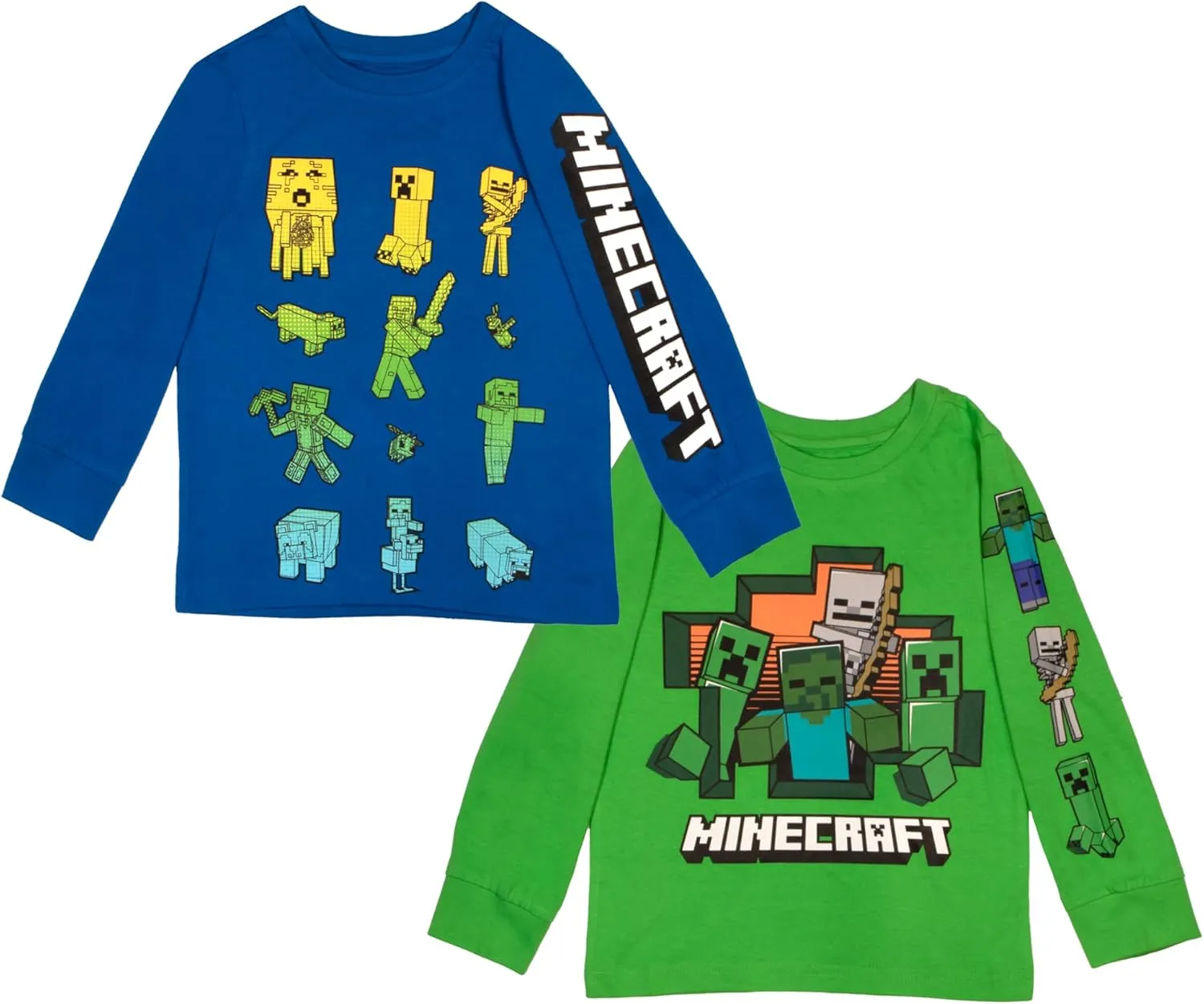 Minecraft Characters Boys Long Sleeve T-Shirt, 2-Pack Bundle Set for Kids and Toddlers