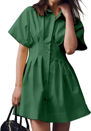 MISSACTIVER Women Pleated Button Down Shirt Dress Short Sleeve Striped Corset Mini Dresses Casual Summer Short Dress
