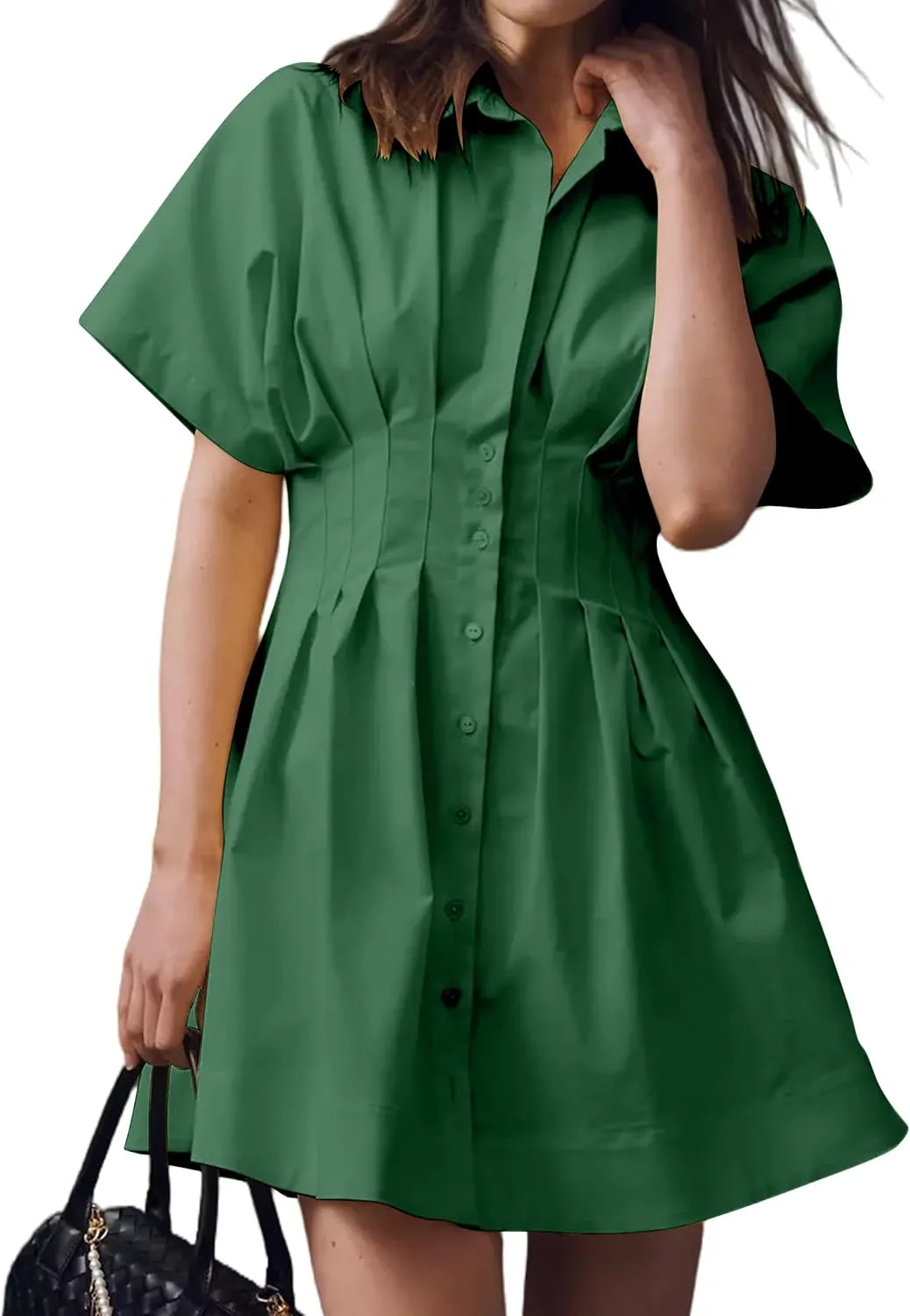 MISSACTIVER Women Pleated Button Down Shirt Dress Short Sleeve Striped Corset Mini Dresses Casual Summer Short Dress