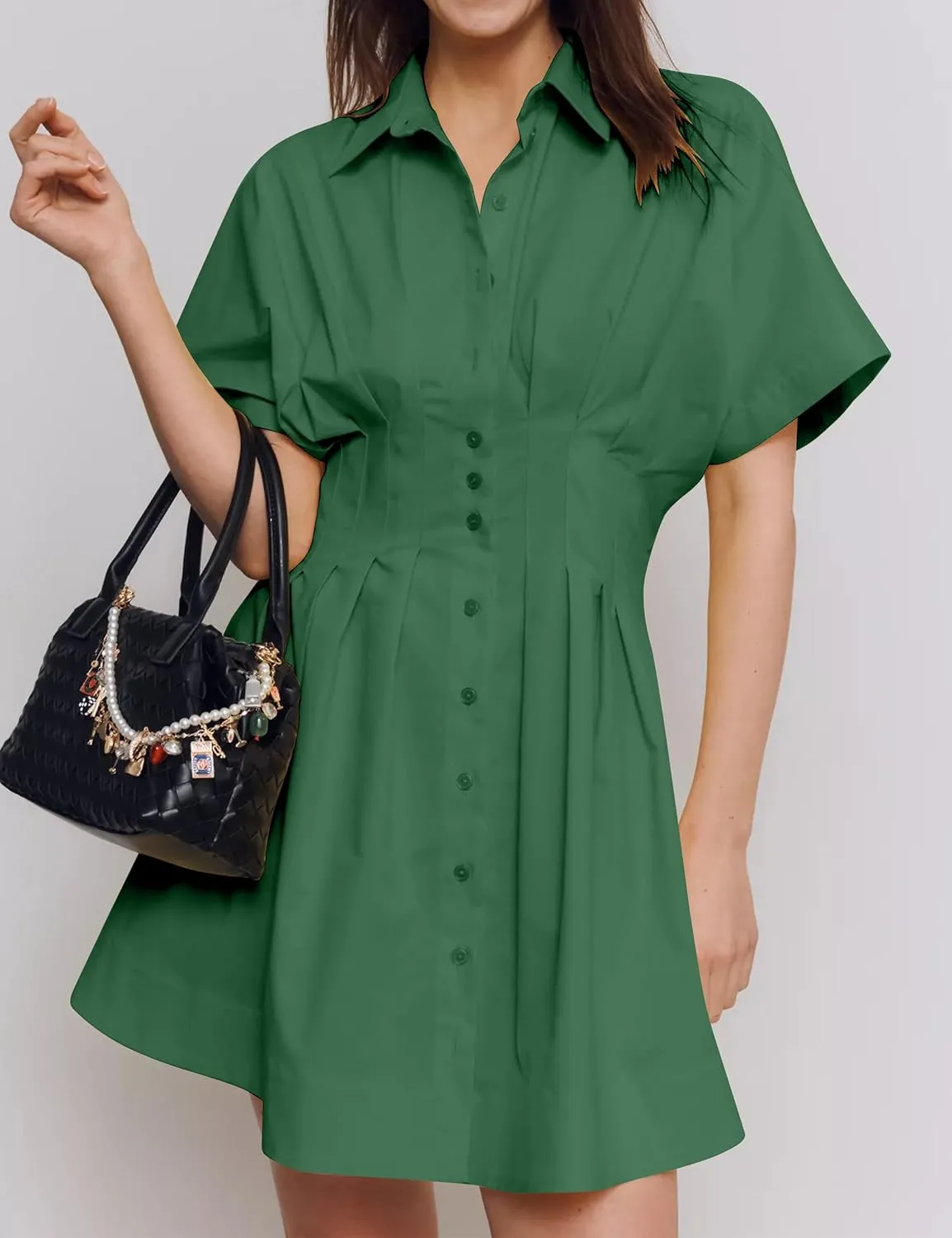 MISSACTIVER Women Pleated Button Down Shirt Dress Short Sleeve Striped Corset Mini Dresses Casual Summer Short Dress