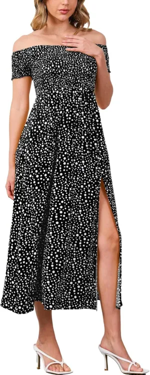 Moss Rose Womens Boho Maxi Dresses Summer Off Shoulder Cap Sleeve Flowy Swing Casual Long Dress