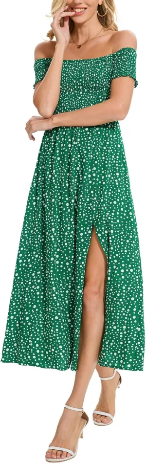 Moss Rose Womens Boho Maxi Dresses Summer Off Shoulder Cap Sleeve Flowy Swing Casual Long Dress