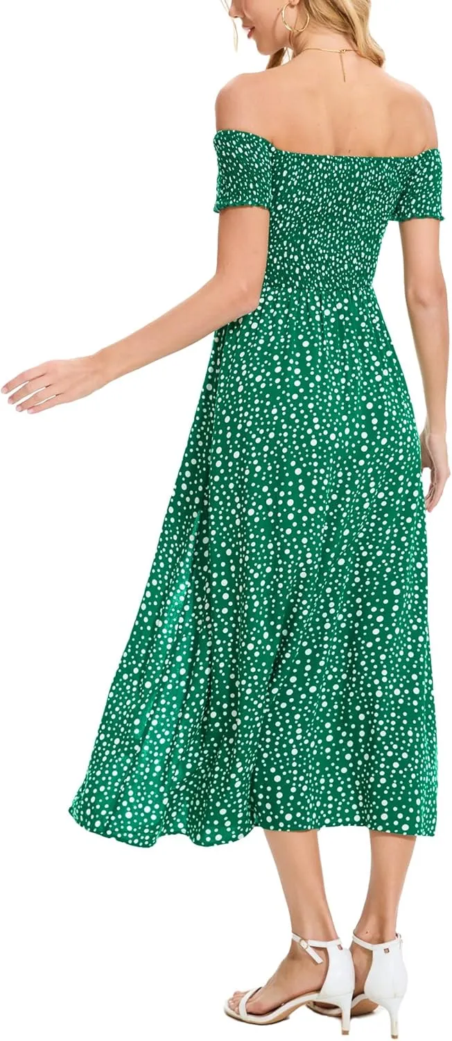 Moss Rose Womens Boho Maxi Dresses Summer Off Shoulder Cap Sleeve Flowy Swing Casual Long Dress