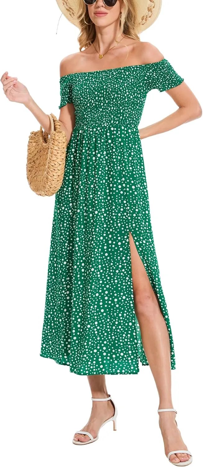 Moss Rose Womens Boho Maxi Dresses Summer Off Shoulder Cap Sleeve Flowy Swing Casual Long Dress