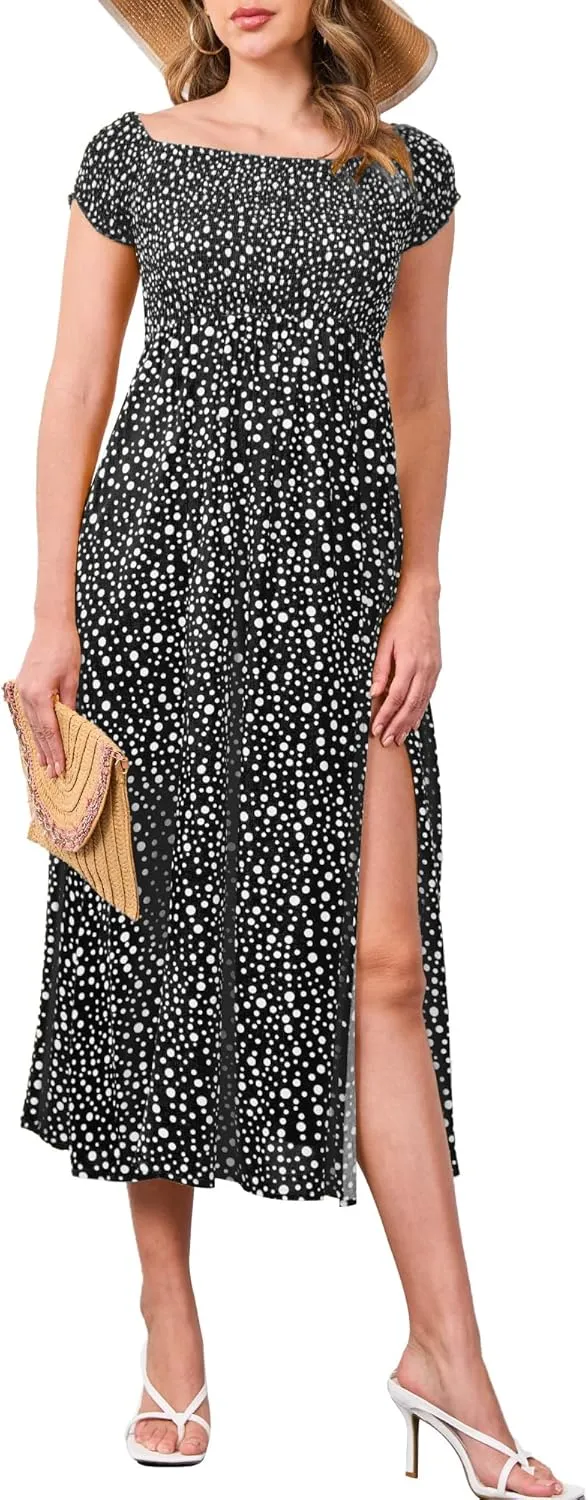 Moss Rose Womens Boho Maxi Dresses Summer Off Shoulder Cap Sleeve Flowy Swing Casual Long Dress