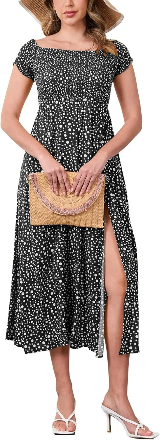Moss Rose Womens Boho Maxi Dresses Summer Off Shoulder Cap Sleeve Flowy Swing Casual Long Dress