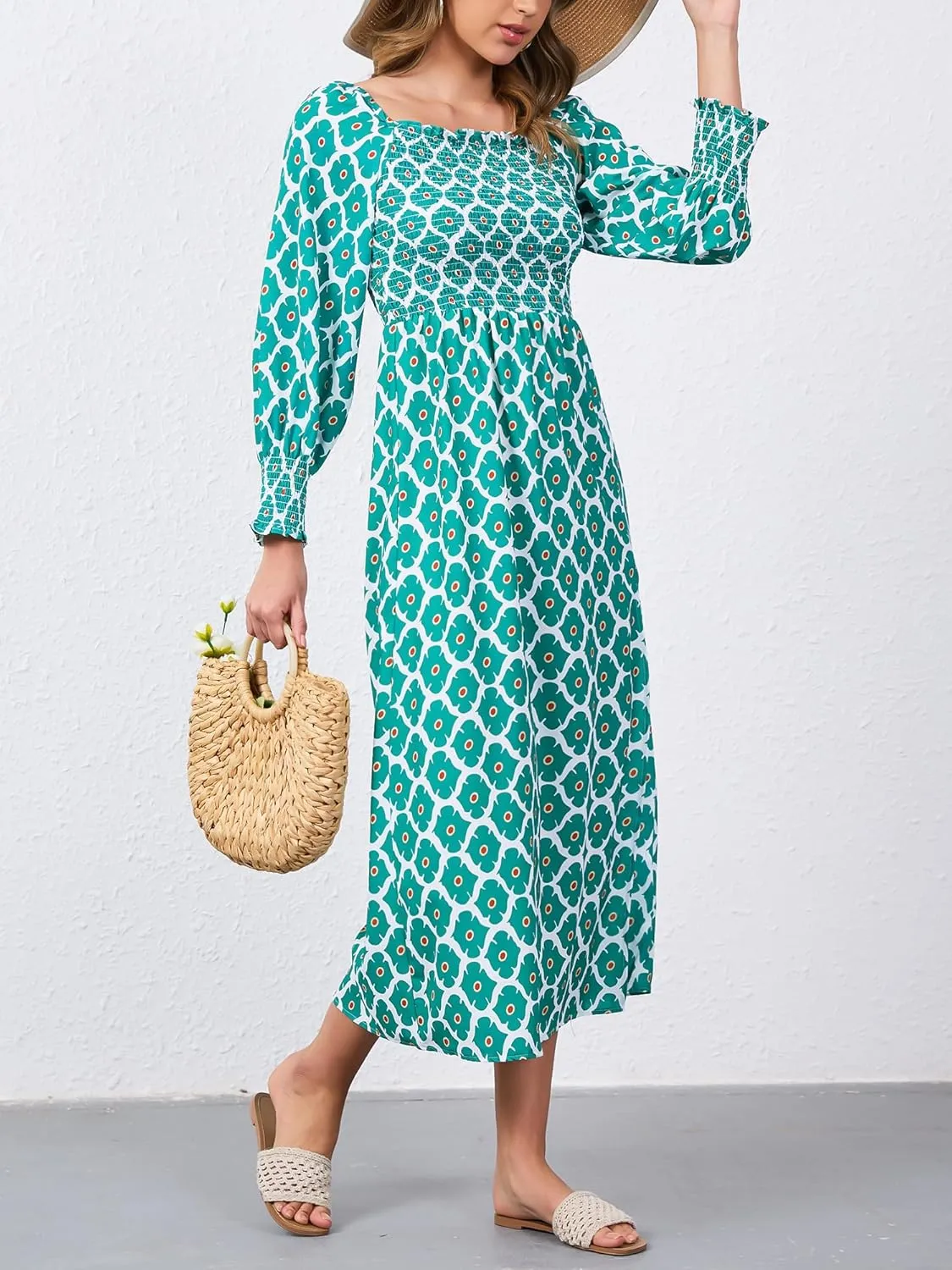 Moss Rose Womens Boho Maxi Dresses Summer Square Neck Long Sleeve Floral Flowy Swing Casual Long Dress