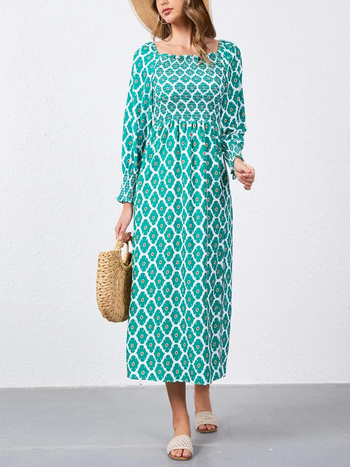 Moss Rose Womens Boho Maxi Dresses Summer Square Neck Long Sleeve Floral Flowy Swing Casual Long Dress