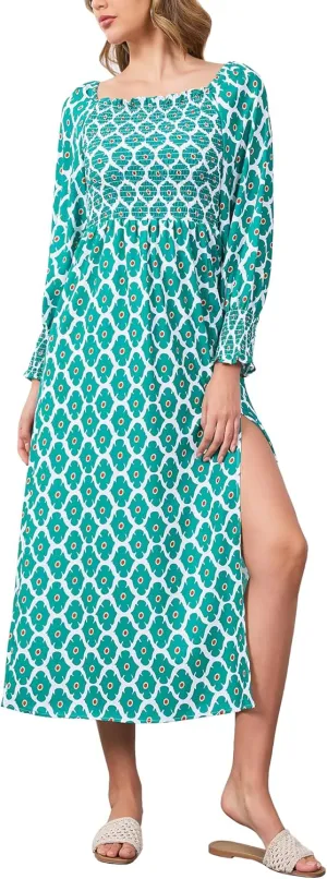 Moss Rose Womens Boho Maxi Dresses Summer Square Neck Long Sleeve Floral Flowy Swing Casual Long Dress