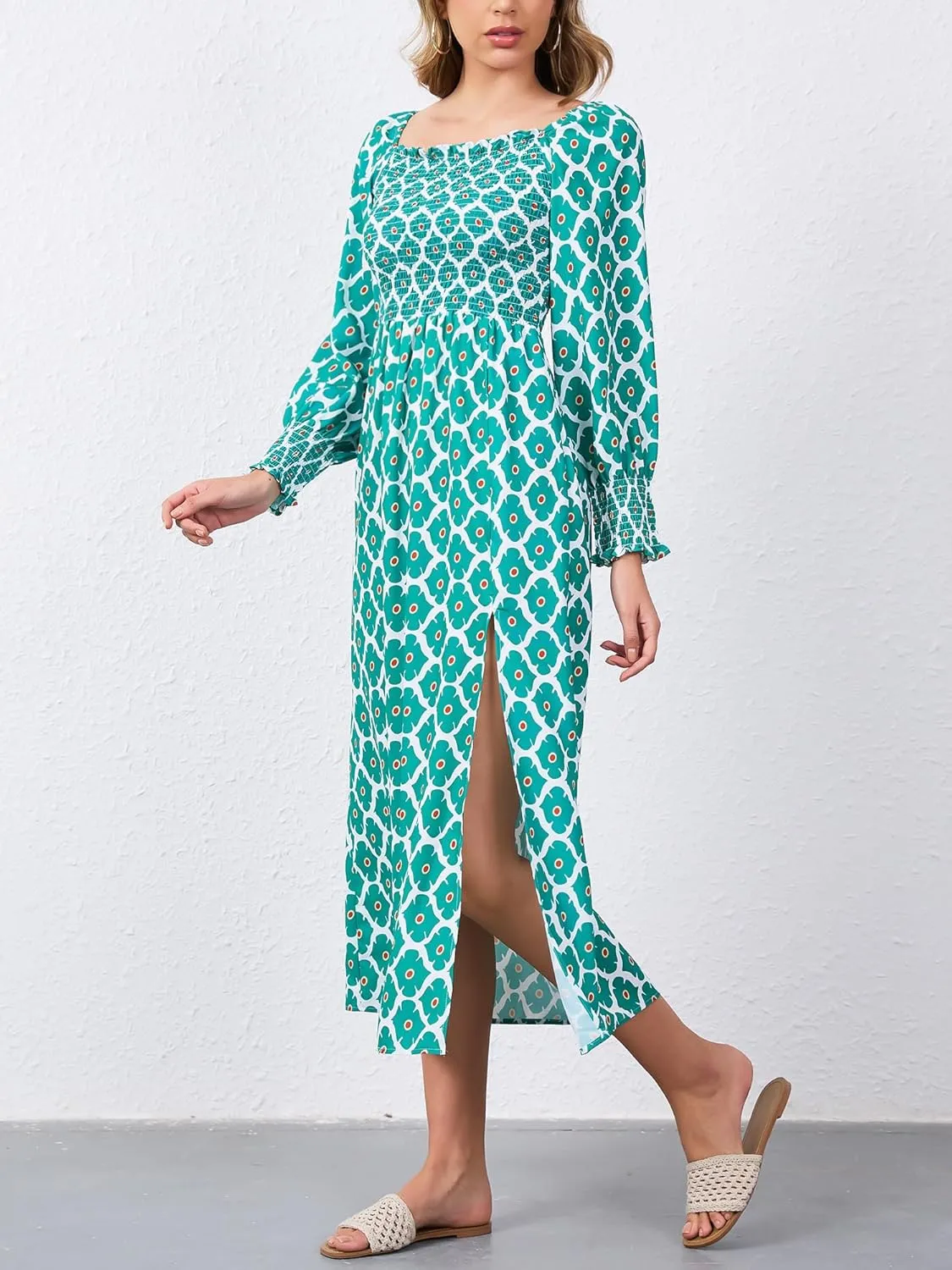 Moss Rose Womens Boho Maxi Dresses Summer Square Neck Long Sleeve Floral Flowy Swing Casual Long Dress