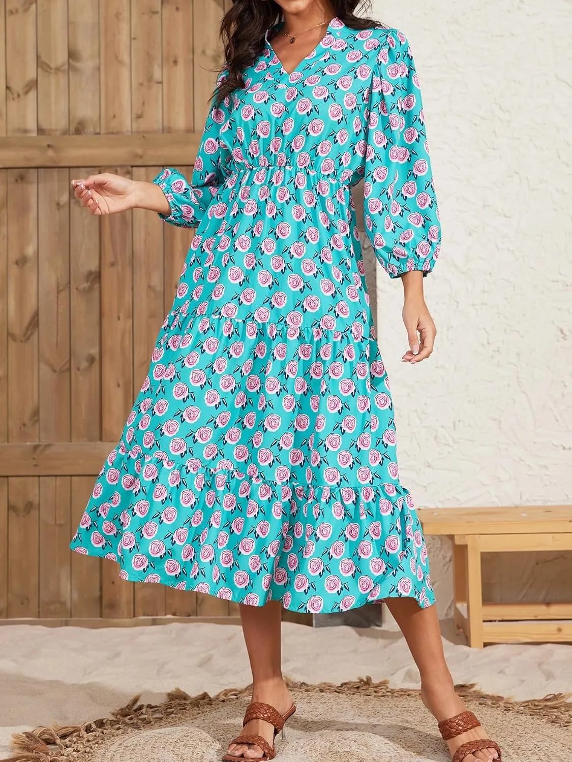 Moss Rose Womens Spring Summer Maxi Dresses V Neck 3/4 Sleeve Floral Flowy Swing Boho Long Dress