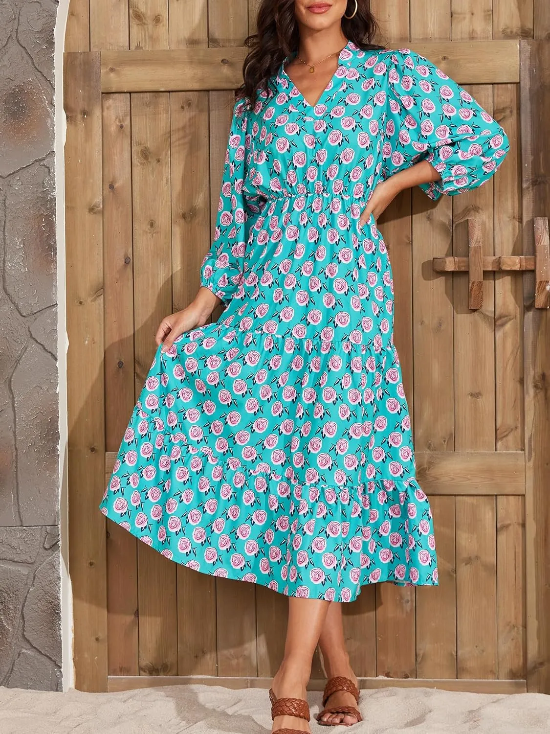 Moss Rose Womens Spring Summer Maxi Dresses V Neck 3/4 Sleeve Floral Flowy Swing Boho Long Dress