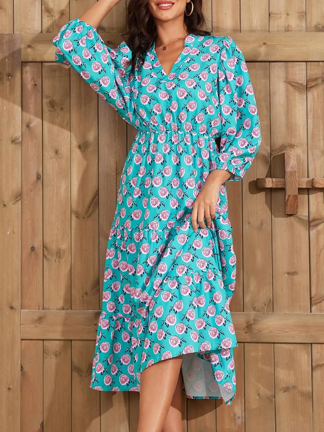 Moss Rose Womens Spring Summer Maxi Dresses V Neck 3/4 Sleeve Floral Flowy Swing Boho Long Dress