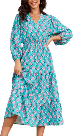 Moss Rose Womens Spring Summer Maxi Dresses V Neck 3/4 Sleeve Floral Flowy Swing Boho Long Dress