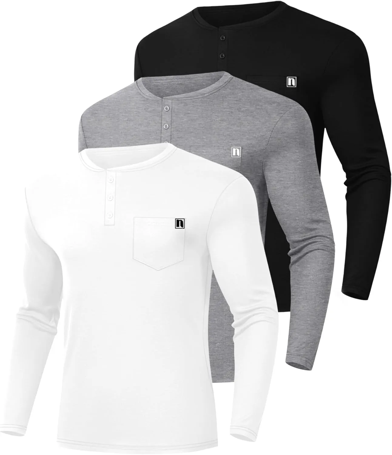 Neer 3 Pack Men's Henley Button T-Shirts, Long Sleeve Printed Pocket Shirts Loose Fit Casual Pullover Basic Tees Tops