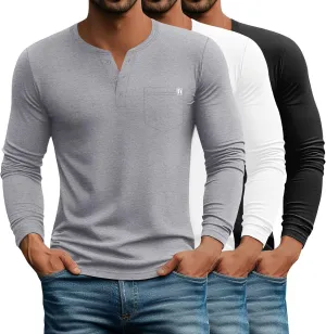 Neer 3 Pack Men's Henley Button T-Shirts, Long Sleeve Printed Pocket Shirts Loose Fit Casual Pullover Basic Tees Tops