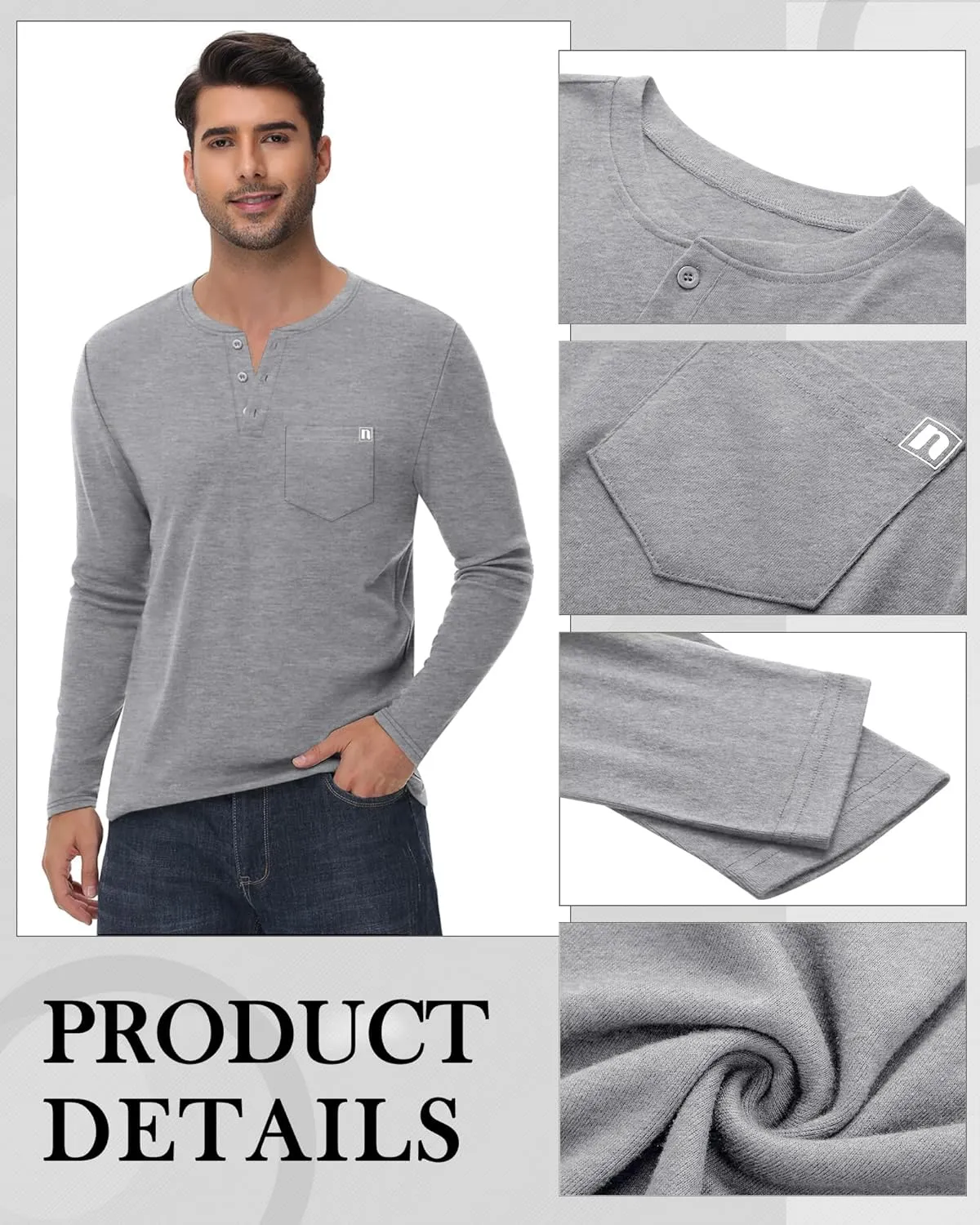 Neer 3 Pack Men's Henley Button T-Shirts, Long Sleeve Printed Pocket Shirts Loose Fit Casual Pullover Basic Tees Tops