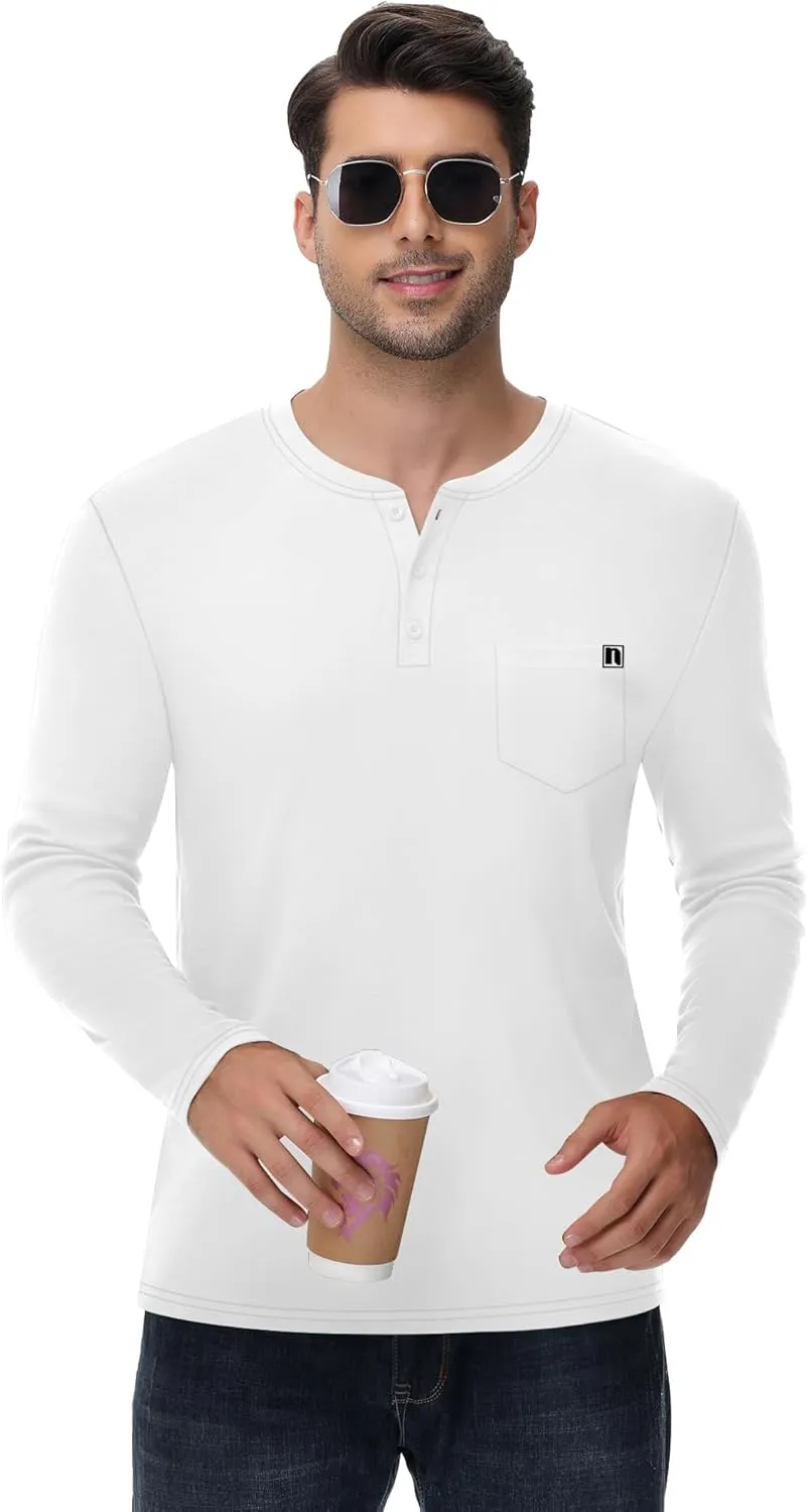 Neer 3 Pack Men's Henley Button T-Shirts, Long Sleeve Printed Pocket Shirts Loose Fit Casual Pullover Basic Tees Tops