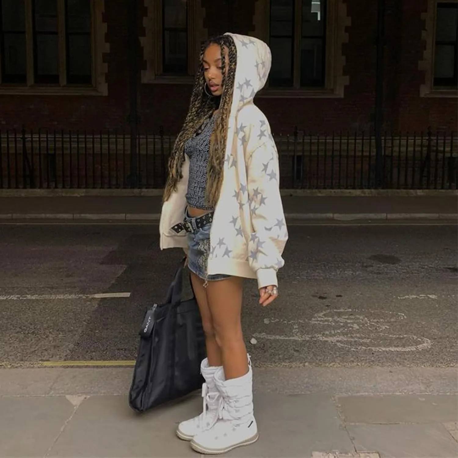 Newbgclo Women Zip Up Hoodies Y2k Vintage Stars Graphic Oversized Long Sleeve Sweatshirt E-Girl Aesthetic Jacket Streetwear