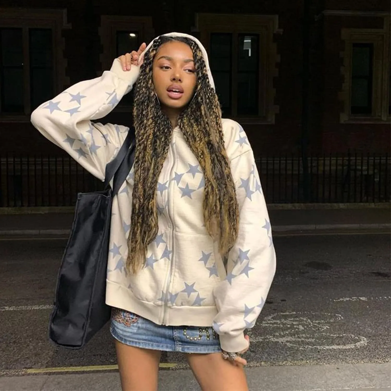 Newbgclo Women Zip Up Hoodies Y2k Vintage Stars Graphic Oversized Long Sleeve Sweatshirt E-Girl Aesthetic Jacket Streetwear