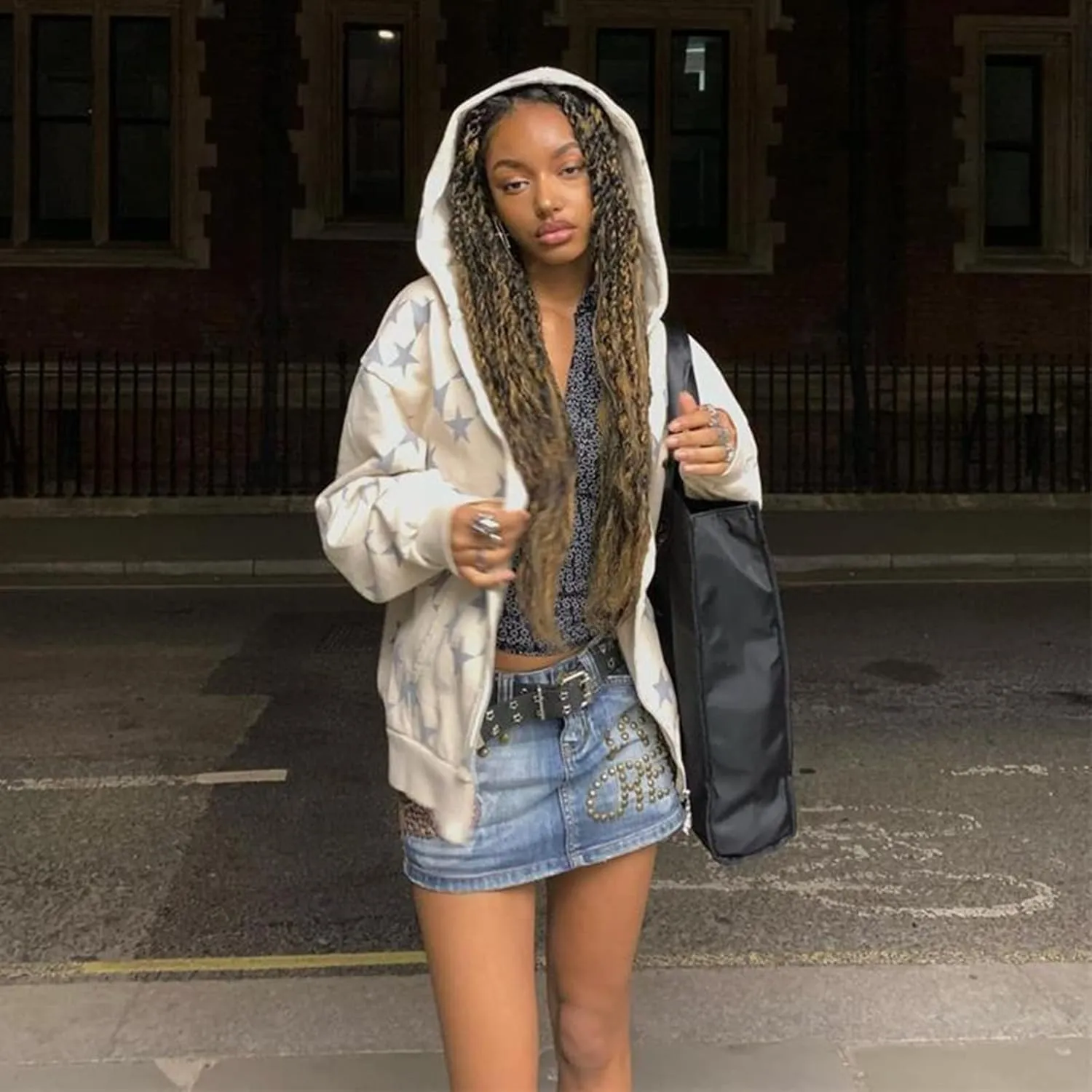 Newbgclo Women Zip Up Hoodies Y2k Vintage Stars Graphic Oversized Long Sleeve Sweatshirt E-Girl Aesthetic Jacket Streetwear