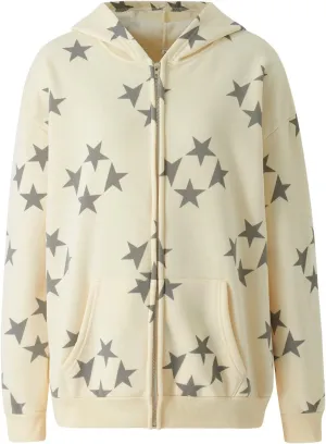 Newbgclo Women Zip Up Hoodies Y2k Vintage Stars Graphic Oversized Long Sleeve Sweatshirt E-Girl Aesthetic Jacket Streetwear