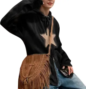 Newbgclo Women Zip Up Hoodies Y2k Vintage Stars Graphic Oversized Long Sleeve Sweatshirt E-Girl Aesthetic Jacket Streetwear