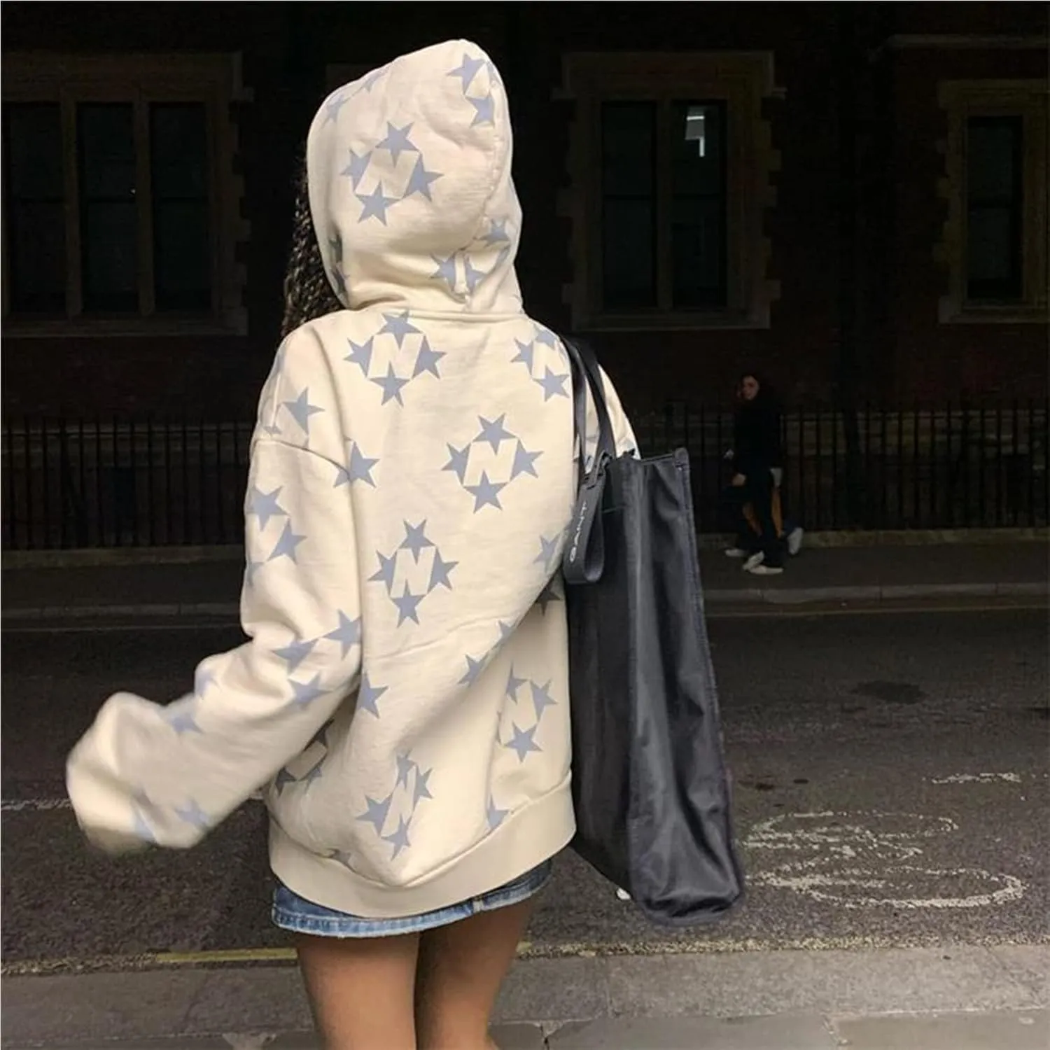 Newbgclo Women Zip Up Hoodies Y2k Vintage Stars Graphic Oversized Long Sleeve Sweatshirt E-Girl Aesthetic Jacket Streetwear