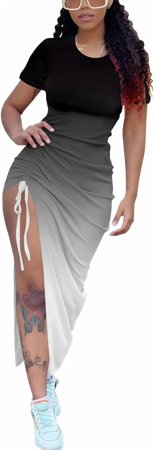 Nimsruc Women Sexy Summer Dresses Short Sleeve Thigh-high Slit Ruched Bodycon Maxi Club Cocktail Party Dress