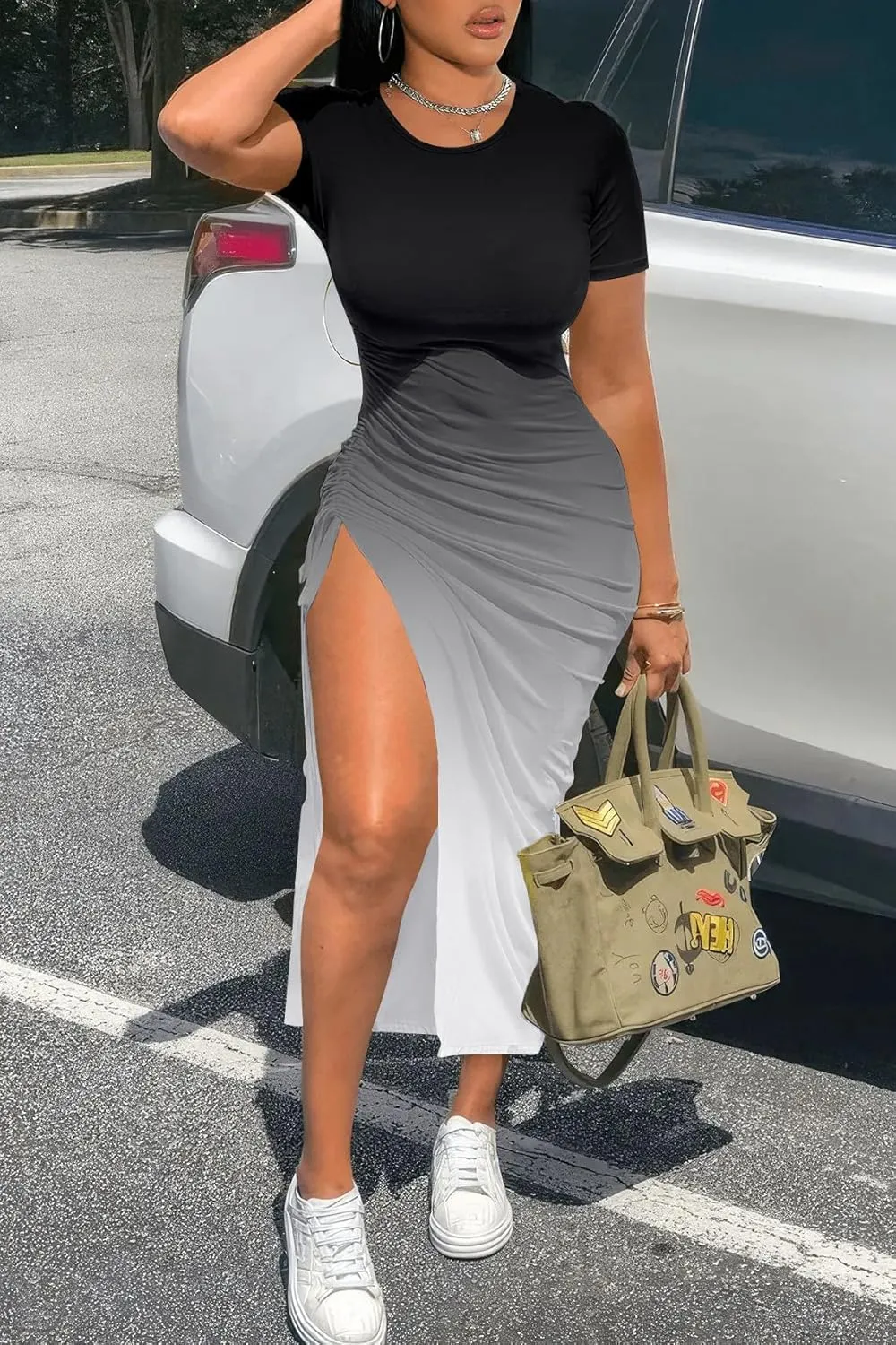 Nimsruc Women Sexy Summer Dresses Short Sleeve Thigh-high Slit Ruched Bodycon Maxi Club Cocktail Party Dress