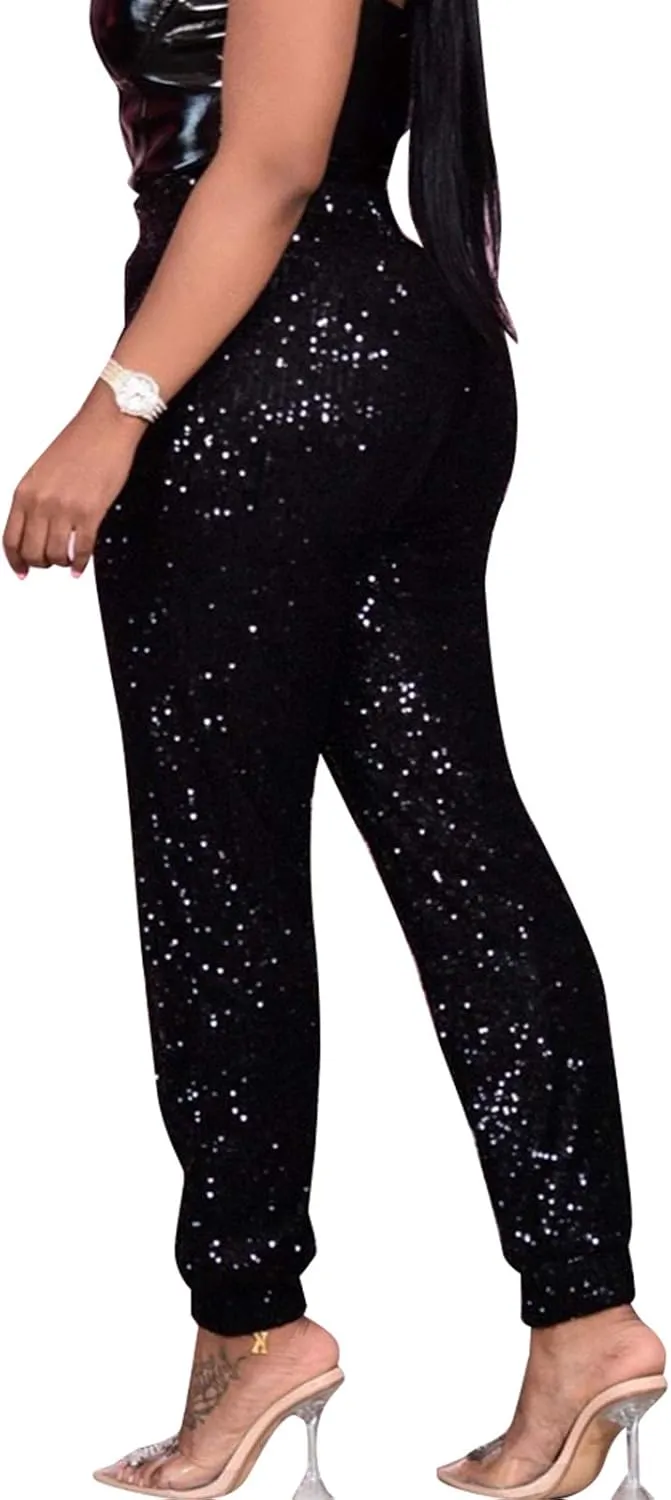 nqgsntc Women Casual Sequin Sparkle Glitter High Waist Pencil Pants Trousers Clubwear