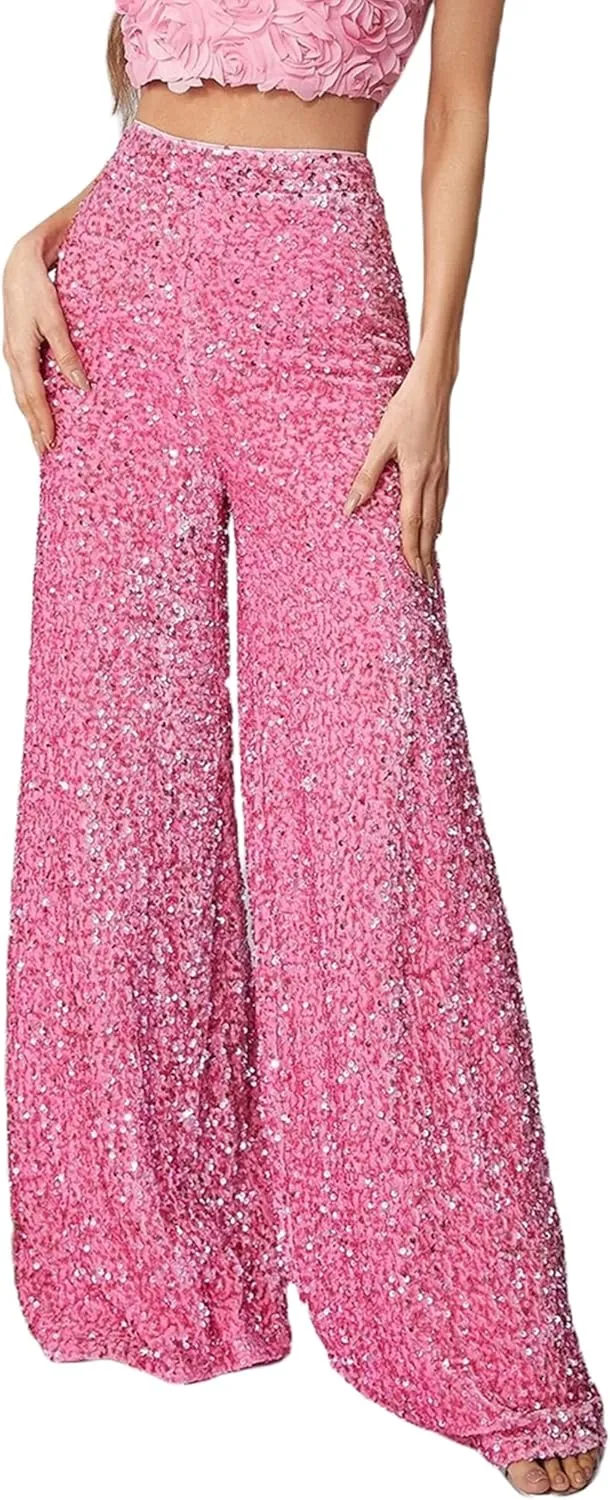NUFIWI Sequin Bell Bottom Pants for Women High Waist Glitter Wide Leg Pants Sparkle Flared Trousers Disco Clubwear
