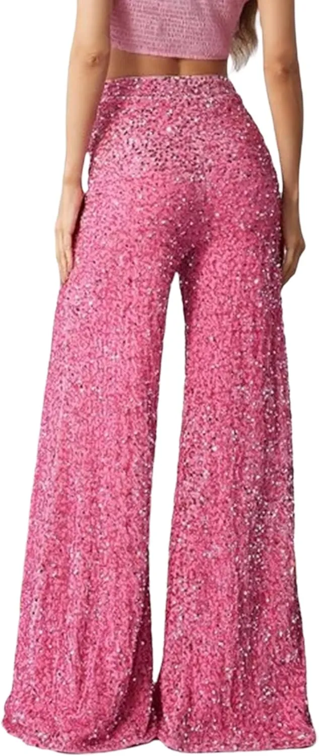 NUFIWI Sequin Bell Bottom Pants for Women High Waist Glitter Wide Leg Pants Sparkle Flared Trousers Disco Clubwear