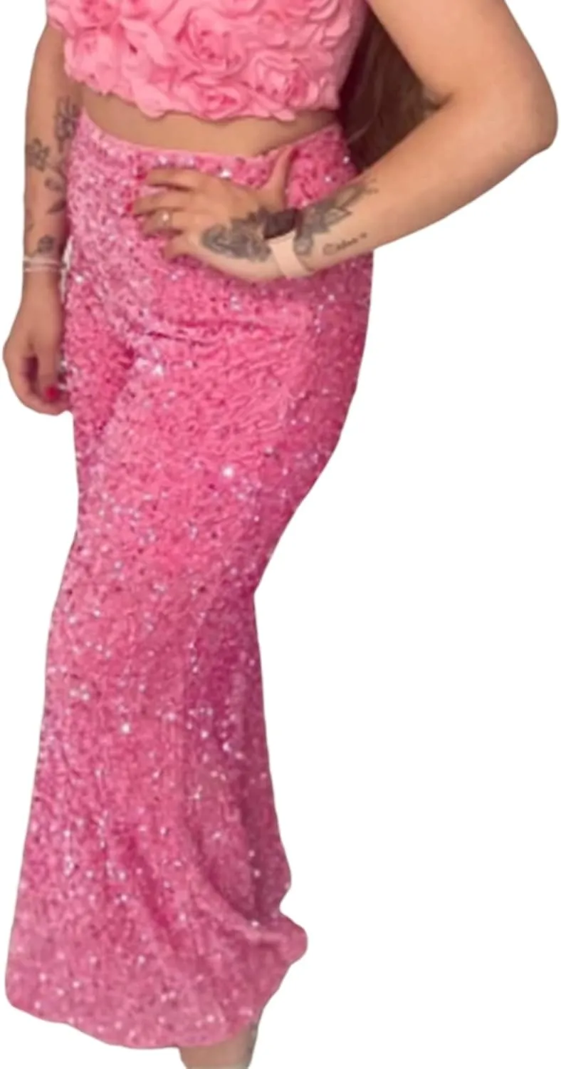 NUFIWI Sequin Bell Bottom Pants for Women High Waist Glitter Wide Leg Pants Sparkle Flared Trousers Disco Clubwear