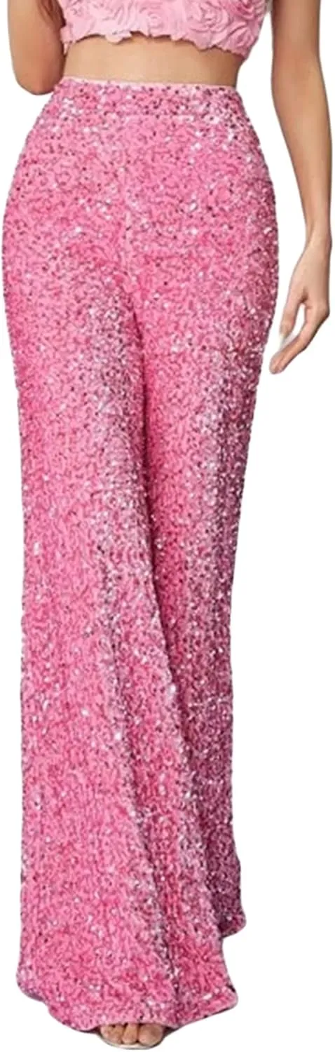 NUFIWI Sequin Bell Bottom Pants for Women High Waist Glitter Wide Leg Pants Sparkle Flared Trousers Disco Clubwear