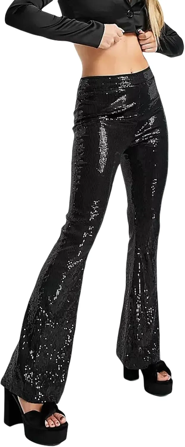 NUFIWI Sequin Bell Bottom Pants for Women High Waist Glitter Wide Leg Pants Sparkle Flared Trousers Disco Clubwear